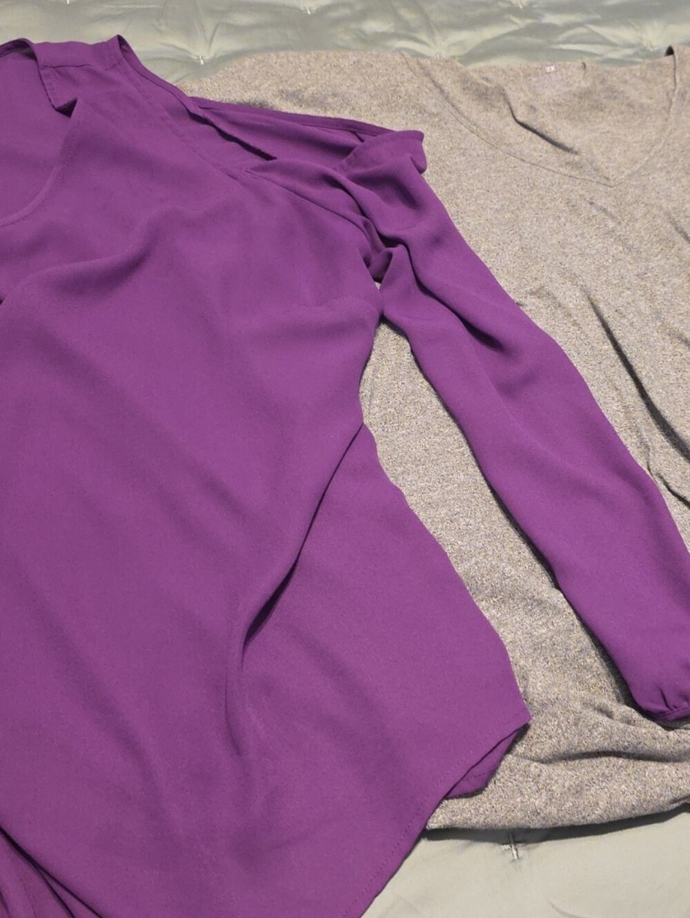 Purple Open Shoulder Blouse And Gray Short Sleeve shirt